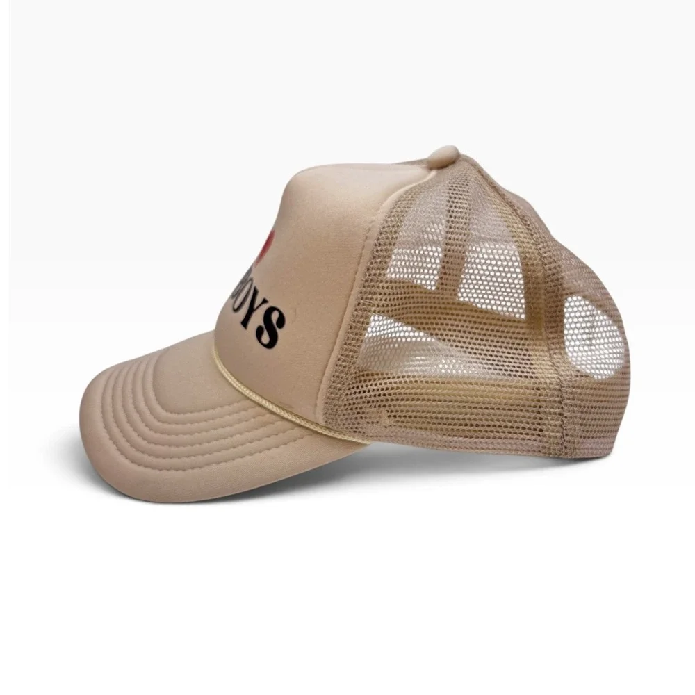 I Love Cowboys Trucker Hat Tan Western Mesh Snapback Cap Khaki Heart Graphic